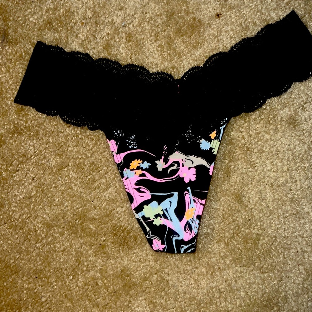 XS PINK black thong with flower print